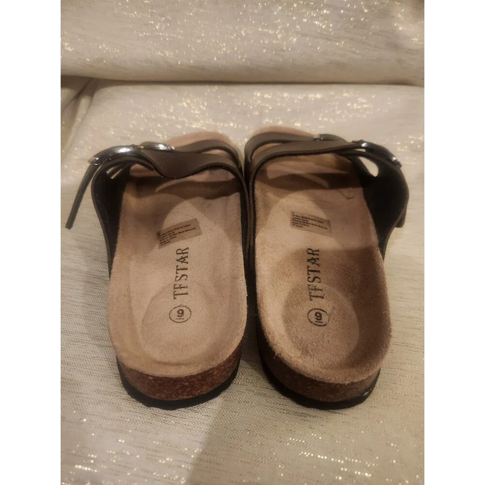 TF Star Brown Leather Unisex Flat Strap Sandals Adjustable Buckle Size 9